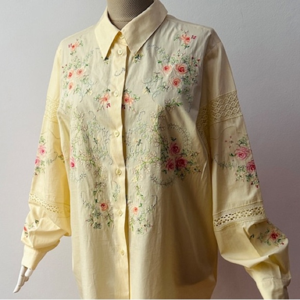 Vintage Together Floral Embroidered Yellow Button Up Blouse